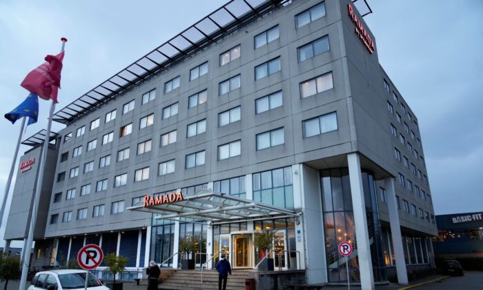 Exterior view of the hotel in Badhoevedorp near Schiphol Airport, Netherlands, where Dutch authorities have isolated 61 people who tested positive for COVID-19 on two arriving flights originating from South Africa, on Nov. 27, 2021. (Peter Dejong/AP Photo)