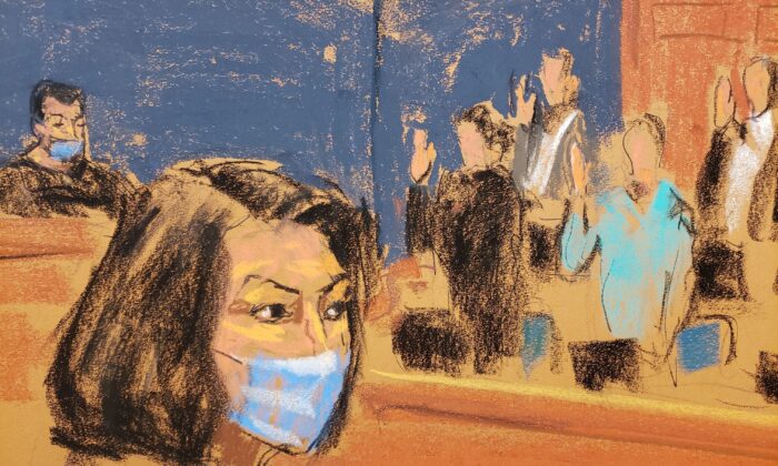 Ghislaine Maxwell sits as the jurors are sworn in at the start of her trial on charges of sex trafficking in a courtroom sketch in New York on Nov. 29, 2021. (Jane Rosenberg/Reuters)
