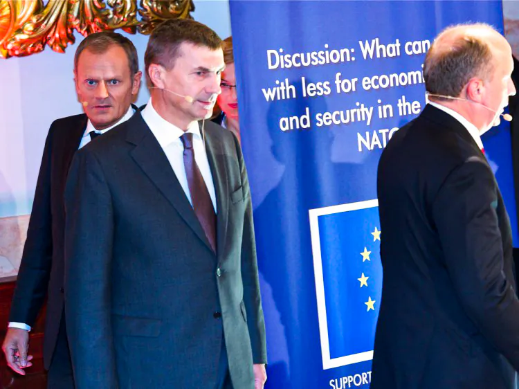 (L to R) Polish Prime Minister Donald Tusk, Estonian Prime Minister Andrus Ansip and their Lithuanian counterpart Andrius Kubilius arrive on Sept. 16, 2011 for the opening session of the annual Riga Conference. ( Ilmars Znotins/AFP/Getty Images)