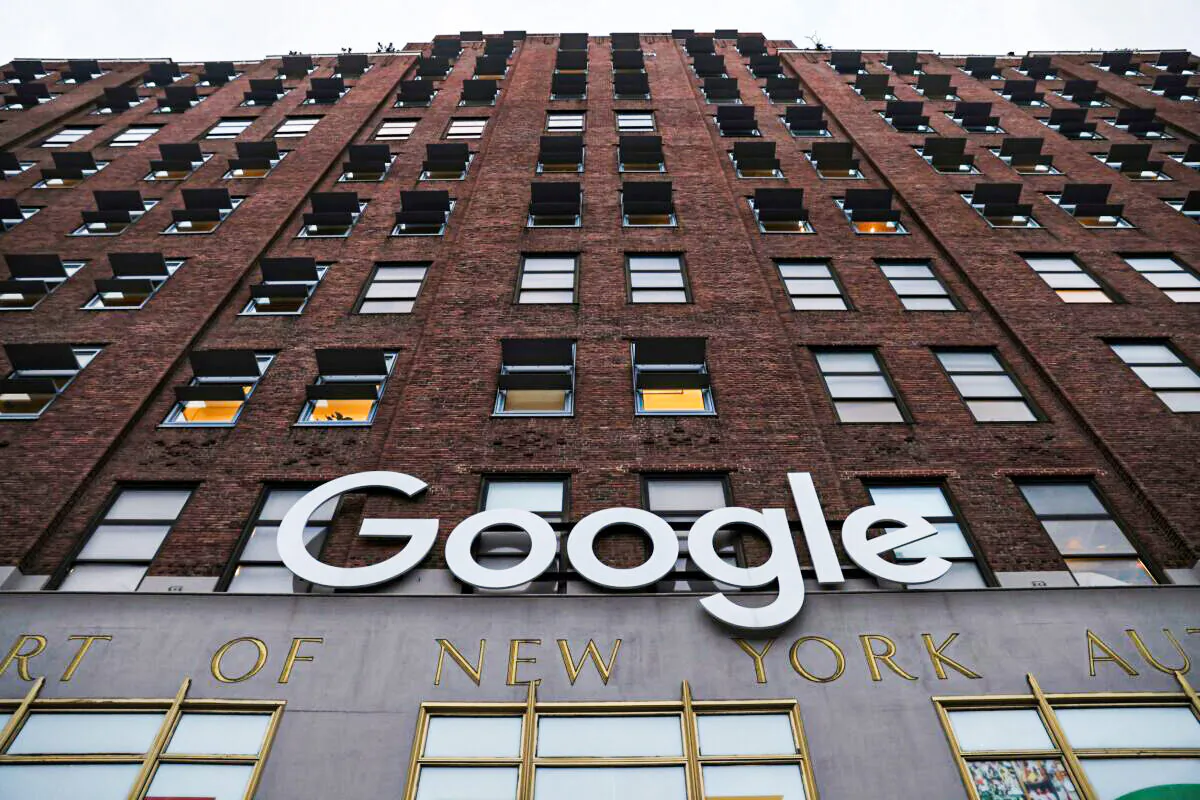 The logo for Google LLC is seen at their office building in Manhattan, New York, on Nov. 17, 2021. (Andrew Kelly/Reuters)