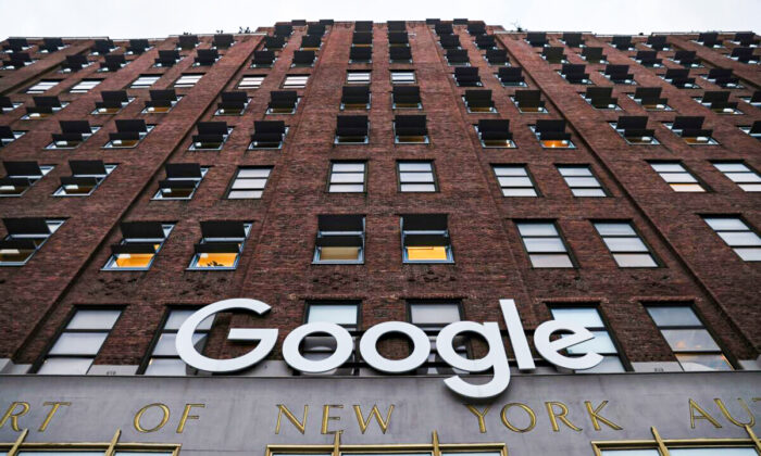 The logo for Google LLC is seen at their office building in Manhattan, New York, on Nov. 17, 2021. (Andrew Kelly/Reuters)
