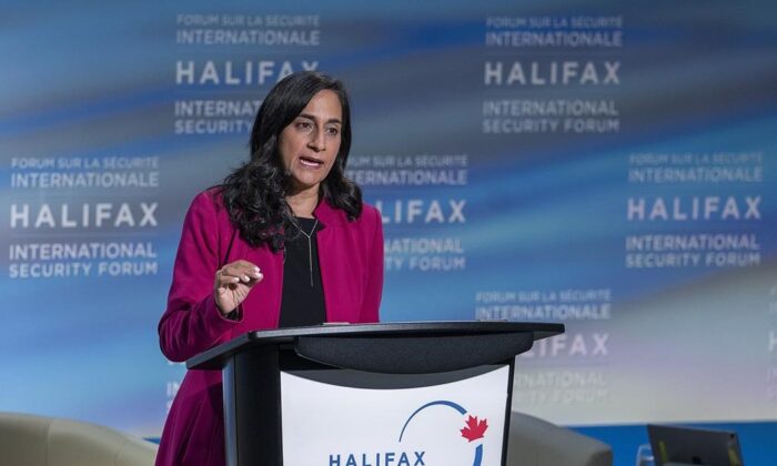 Defence Minister Anita Anand addresses the opening session of the Halifax International Security Forum, in Halifax, Nov. 19, 2021. (The Canadian Press/Andrew Vaughan)