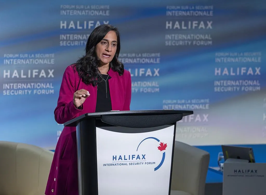 Defence Minister Anita Anand addresses the opening session of the Halifax International Security Forum, in Halifax, Nov. 19, 2021. (The Canadian Press/Andrew Vaughan)