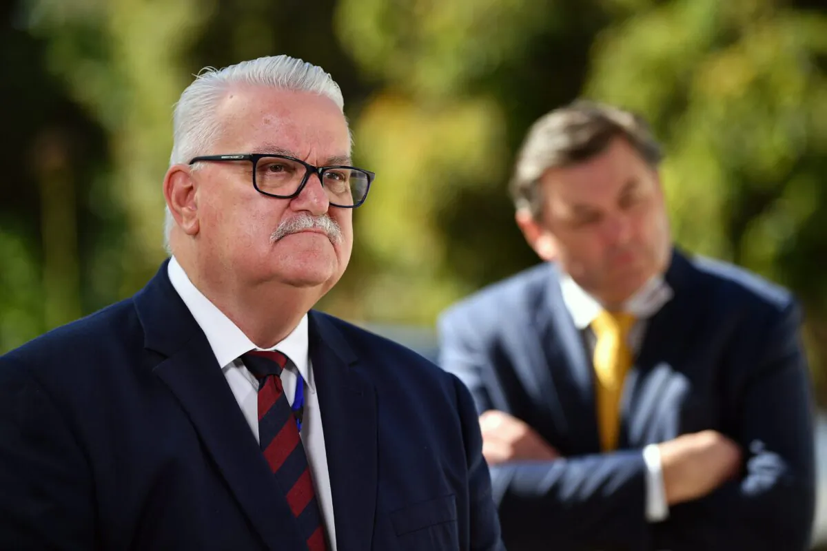 Member for Eastern Metropolitan Rodney Barton speaks to media at the Victoria State Parliament in Melbourne, Australia, on Nov. 30, 2021. (AAP Image/Joel Carrett) N