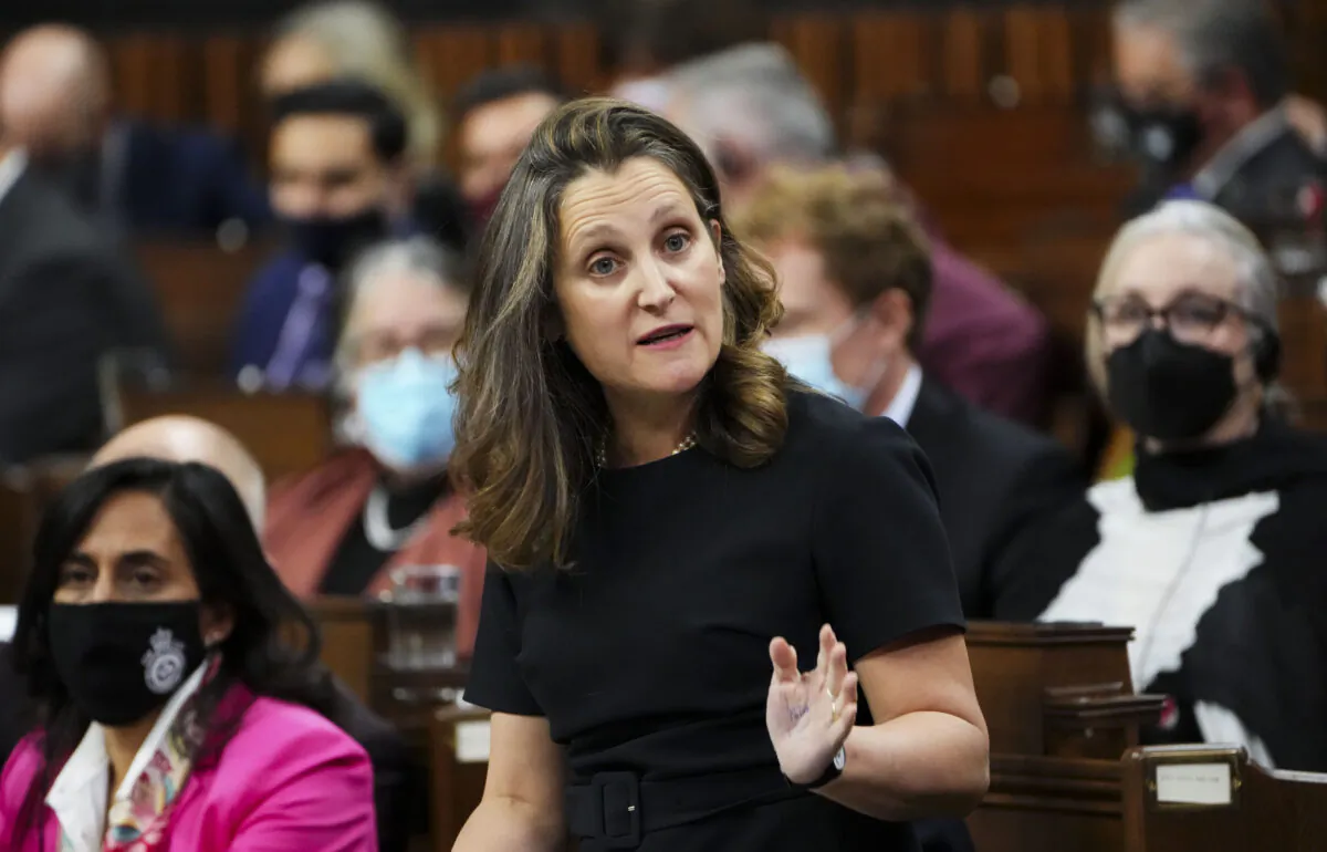 Minister of Finance Chrystia Freeland speaks during question period in the House of Commons on Parliament Hill in Ottawa on Nov. 30, 2021. (The Canadian Press/Sean Kilpatrick)