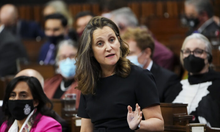 Minister of Finance Chrystia Freeland speaks during question period in the House of Commons on Parliament Hill in Ottawa on  Nov. 30, 2021. (The Canadian Press/Sean Kilpatrick)