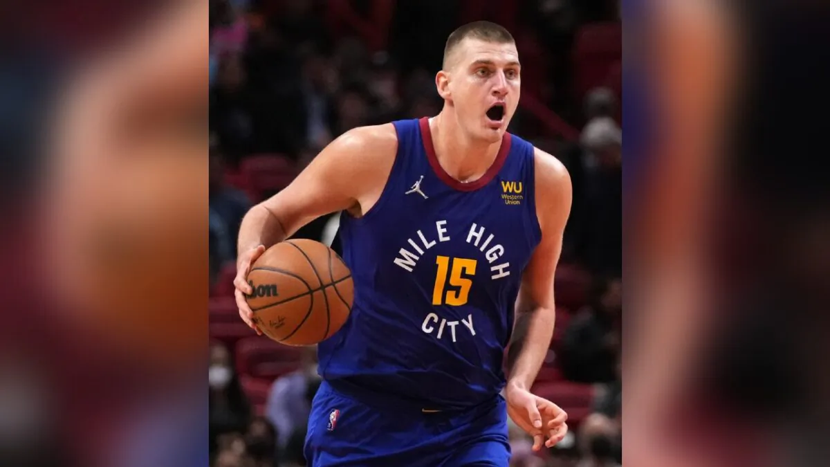 Denver Nuggets center Nikola Jokic (15) dribbles the ball up the court against the Miami Heat during the second half at FTX Arena, in Miami, on Nov. 29, 2021. (Jasen Vinlove/USA TODAY Sports via Field Level Media)