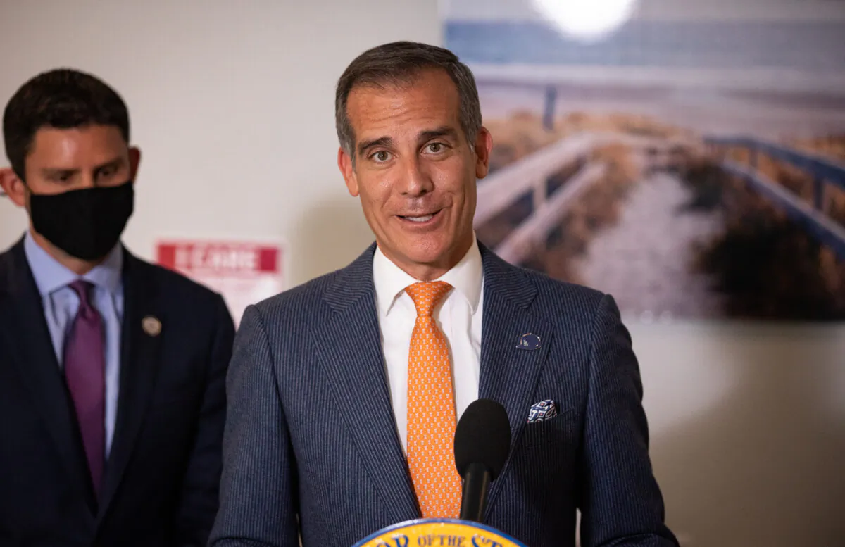 Mayor of Los Angeles Eric Garcetti speaks in Los Angeles, Calif., on Sept. 29, 2021. (John Fredricks/The Epoch Times)