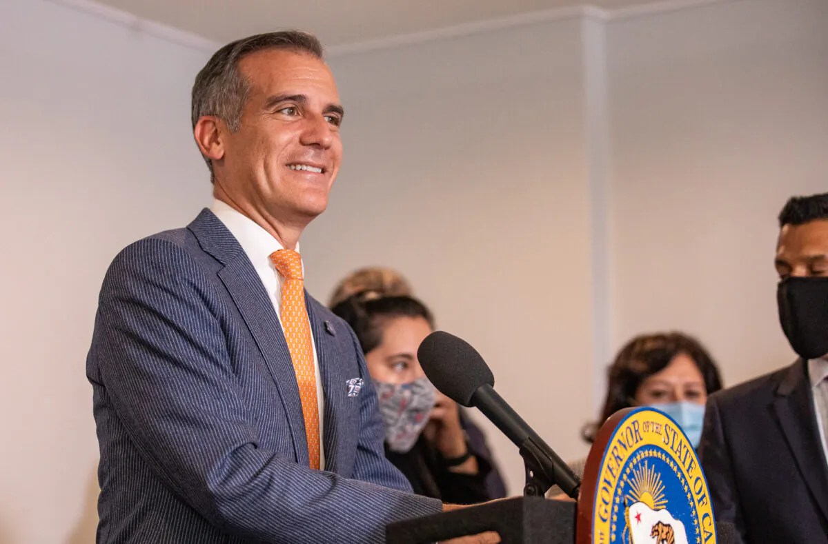 Mayor of Los Angeles Eric Garcetti speaks in Los Angeles, Calif., on Sept. 29, 2021. (John Fredricks/The Epoch Times)