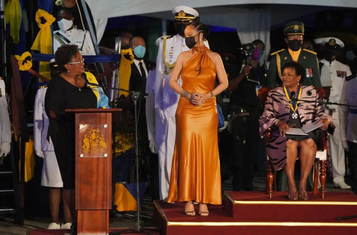 Rihanna (C) attends the Presidential Inauguration Ceremony at Heroes Square in Bridgetown, Barbados, on Nov. 30, 2021. (Jonathan Brady - Pool/Getty Images)
