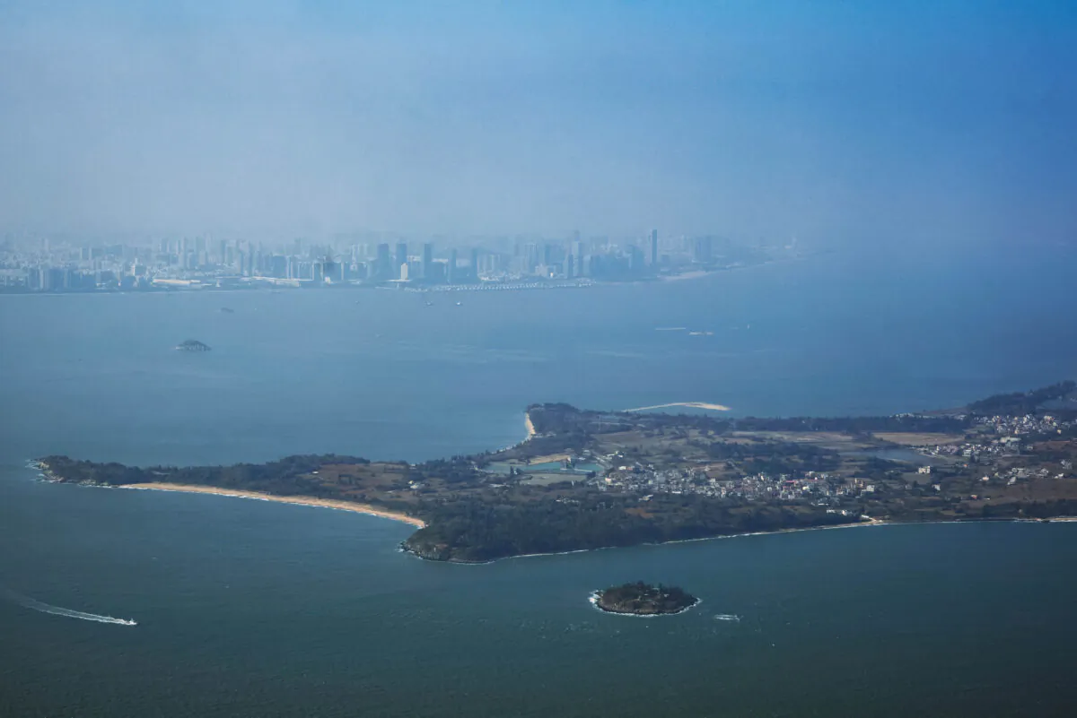A view of the South China Sea between the city of Xiamen in China, in the far distance, and the islands of Kinmen in Taiwan, in the foreground, on Feb. 2, 2021 as seen from the airspace above Kinmen, Taiwan. (An Rong Xu/Getty Images)