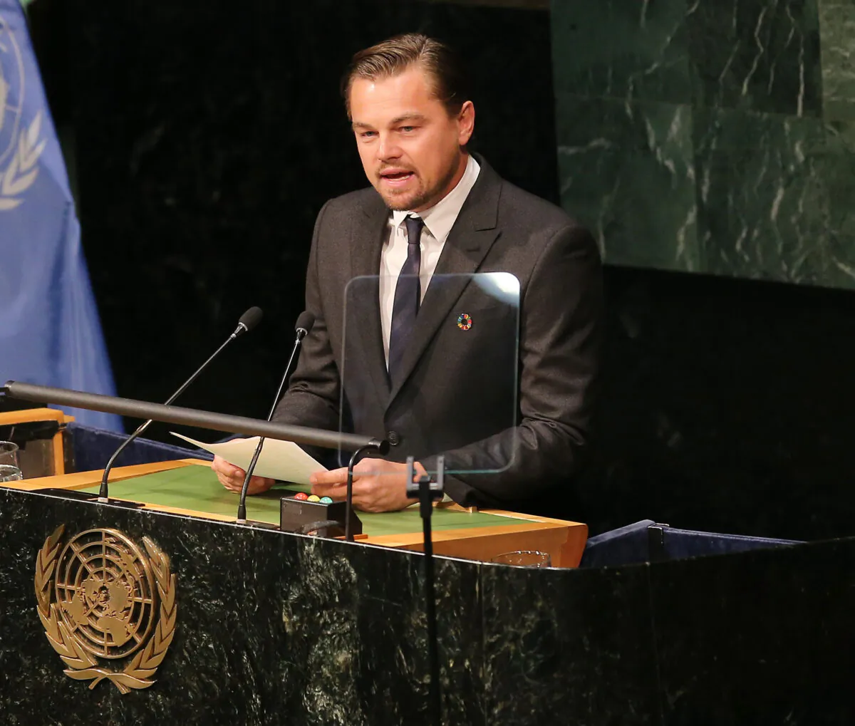 Actor Leonardo DiCaprio speaks during the signing of the Paris Agreement on climate change at the United Nations in New York on April 22, 2016. (Jemal Countess/Getty Images)