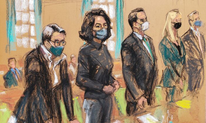 Ghislaine Maxwell, the Jeffrey Epstein associate accused of sex trafficking, stands before U.S. District Judge Alison J. Nathan with her defense team of Bobbi Sternheim, Christian Everdell, Laura Menninger, Jeffrey Pagliuca during a pre-trial hearing ahead of jury selection, in a courtroom sketch in New York City, on Nov. 15, 2021. (Jane Rosenberg/Reuters)