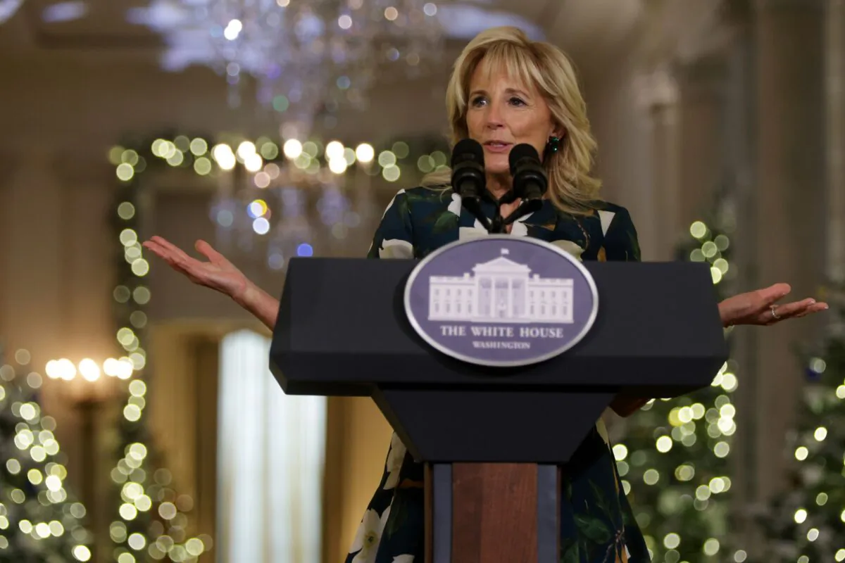 First lady Jill Biden delivers remarks as she thanks volunteers who helped decorate the White House for the holidays, in the East Room of the White House on Nov. 29, 2021. (Alex Wong/Getty Images)
