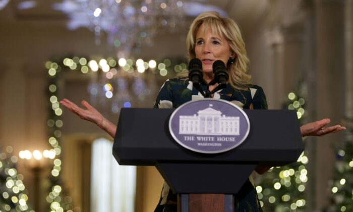 First lady Jill Biden delivers remarks as she thanks volunteers who helped decorate the White House for the holidays, in the East Room of the White House on Nov. 29, 2021. (Alex Wong/Getty Images)