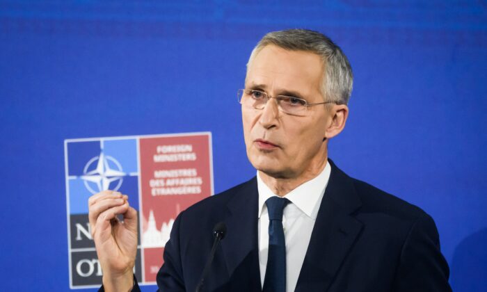 NATO Secretary-General Jens Stoltenberg addresses a press conference during a meeting of NATO foreign ministers in Riga, Latvia, on Nov. 30, 2021. (Gints ivuskans/AFP via Getty Images)
