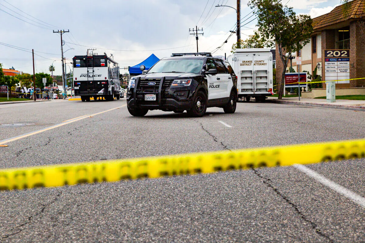 Police investigate the scene of a shooting in Orange, Calif., on April 1, 2021. (John Fredricks/The Epoch Times)