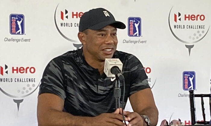 Tiger Woods holds his first press conference since his Feb. 23 car crash in Los Angeles at the Hero World Challenge golf tournament in Nassau, Bahamas, on Nov. 30, 2021. (Doug Ferguson/AP Photo)