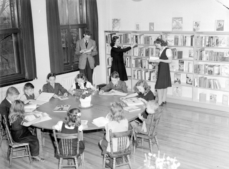 A set of "Childcraft" books. First published in 1934, the volumes once brought a whole library for children into the home. The children's library of Notre-Dame-de-Grâce in Montreal, Canada, in 1943. (PD-US)