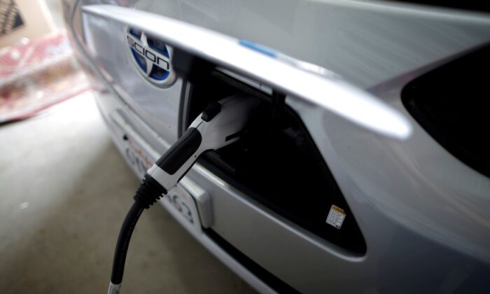 Computer science professor's electric car is plugged in in her garage in Irvine, Calif., on Jan. 26, 2015. (Lucy Nicholson/Reuters)