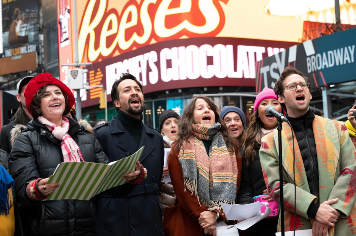 Broadway luminaries gathered in Times Square on Nov. 28, 2021, to sing Stephen Sondheim’s “Sunday”; from his “Sunday in the Park With George”; as they honored the life and legacy of the storied composer and lyricist, who died Nov. 26. (Jenny Anderson via TCA)