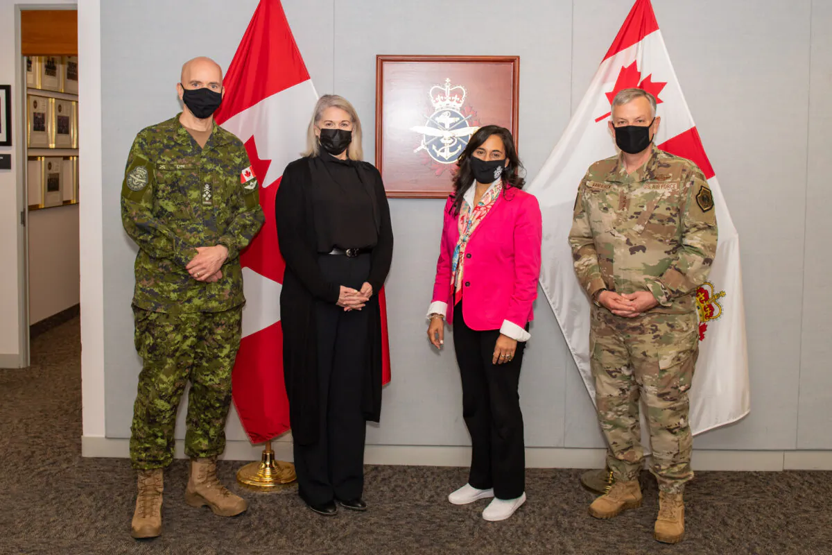 Gen. Glen VanHerck, Commander of the North American Aerospace Defense Command (NORAD), poses with Anita Anand, Minister of National Defence, Jody Thomas, Deputy Minister of National Defence, and General Wayne Eyre, Chief of the Defence Staff, at the National Defence Headquarters in Ottawa, on Nov. 30. (NORAD)