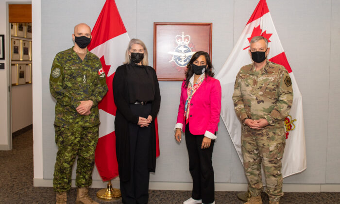 Gen. Glen VanHerck, Commander of the North American Aerospace Defense Command (NORAD), poses with Anita Anand, Minister of National Defence, Jody Thomas, Deputy Minister of National Defence, and General Wayne Eyre, Chief of the Defence Staff, at the National Defence Headquarters in Ottawa, on Nov. 30. (NORAD)