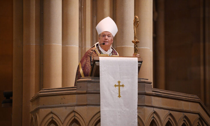 Archbishop of Sydney Anthony Fisher speaks during the State Funeral Carla Zampatti at St Mary's Cathedral on April 15, 2021 in Sydney, Australia. (Dean Lewins - Pool/Getty Images)