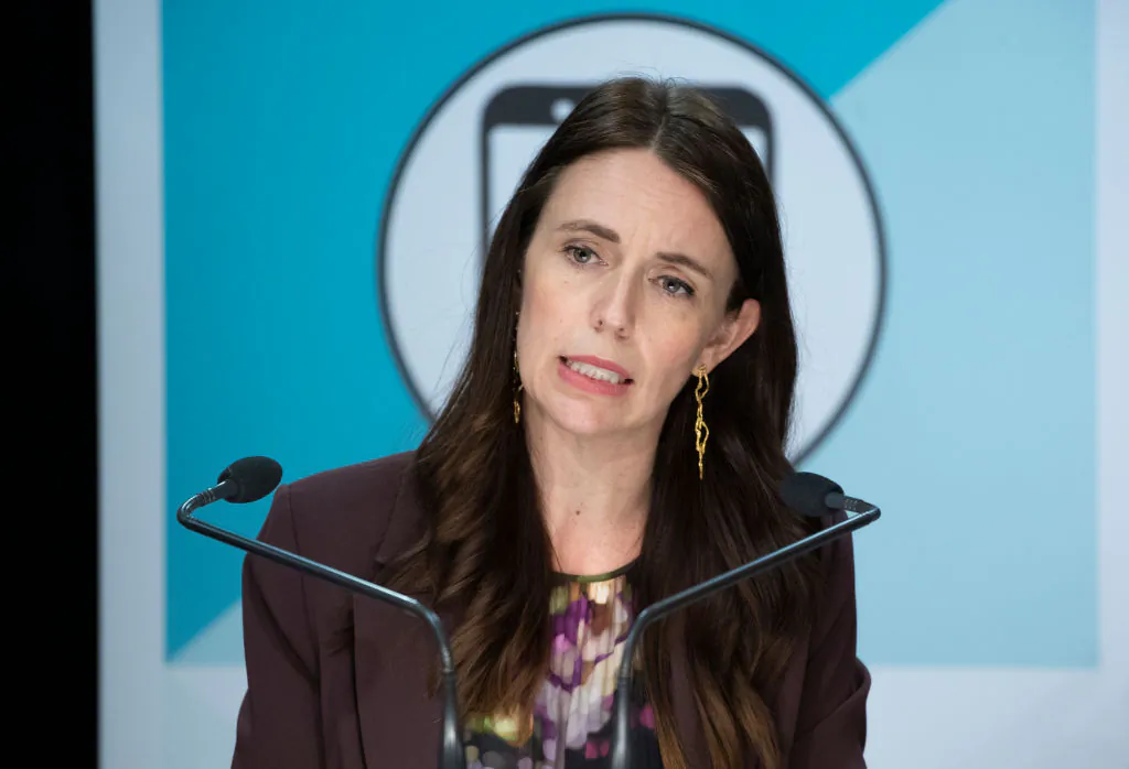 Prime Minister Jacinda Ardern speaks at a post-Cabinet press conference with Deputy Prime Minister Grant Robertson and director general of health Dr Ashley Bloomfield at the Beehive, Parliament in Wellington, New Zealand, on Nov. 29, 2021. (Mark Mitchell - Pool/Getty Images)