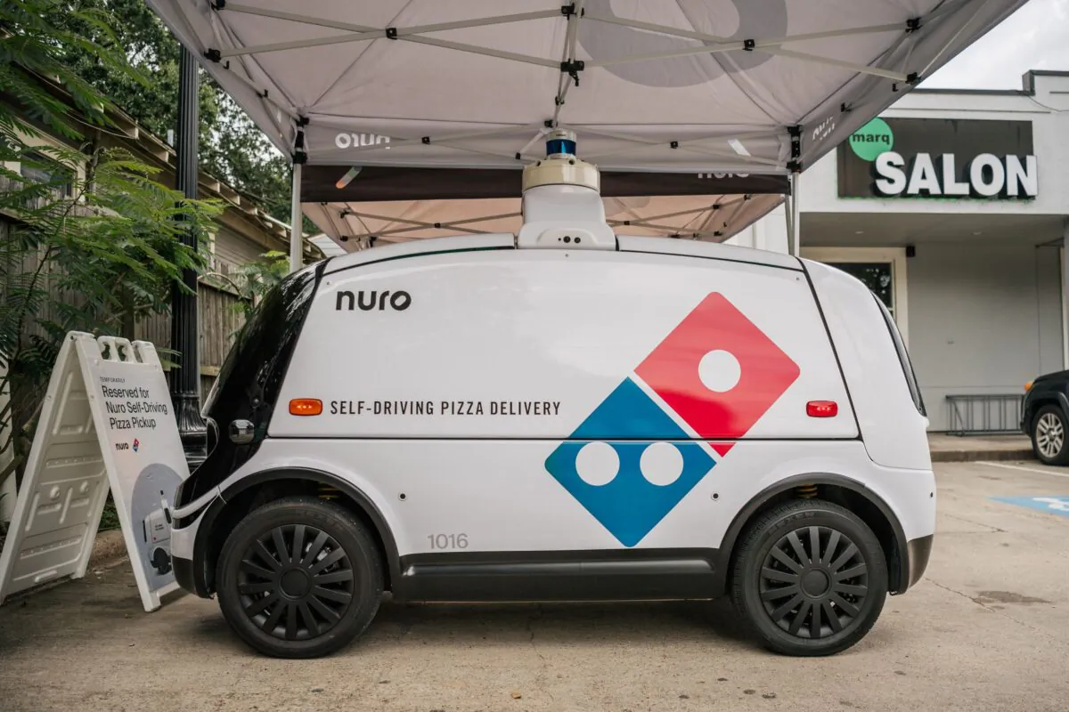 A Nuro-Domino's Pizza self-driving delivery vehicle is shown in Houston, on July 22, 2021. (Brandon Bell/Getty Images)