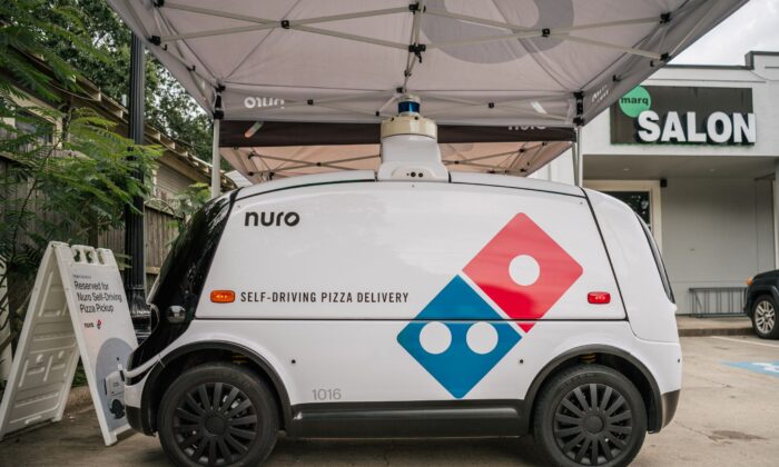 A Nuro-Domino's Pizza self-driving delivery vehicle is shown in Houston, on July 22, 2021. (Brandon Bell/Getty Images)