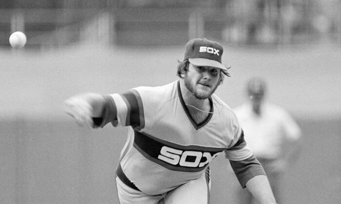 Chicago White Sox, right hander LaMarr Hoyt fires one to the plate in the first inning of the first game of the American League playoffs against the Baltimore Orioles at Memorial Stadium in Baltimore, on Oct. 5, 1983. (Ed Reinke, File/AP Photo)