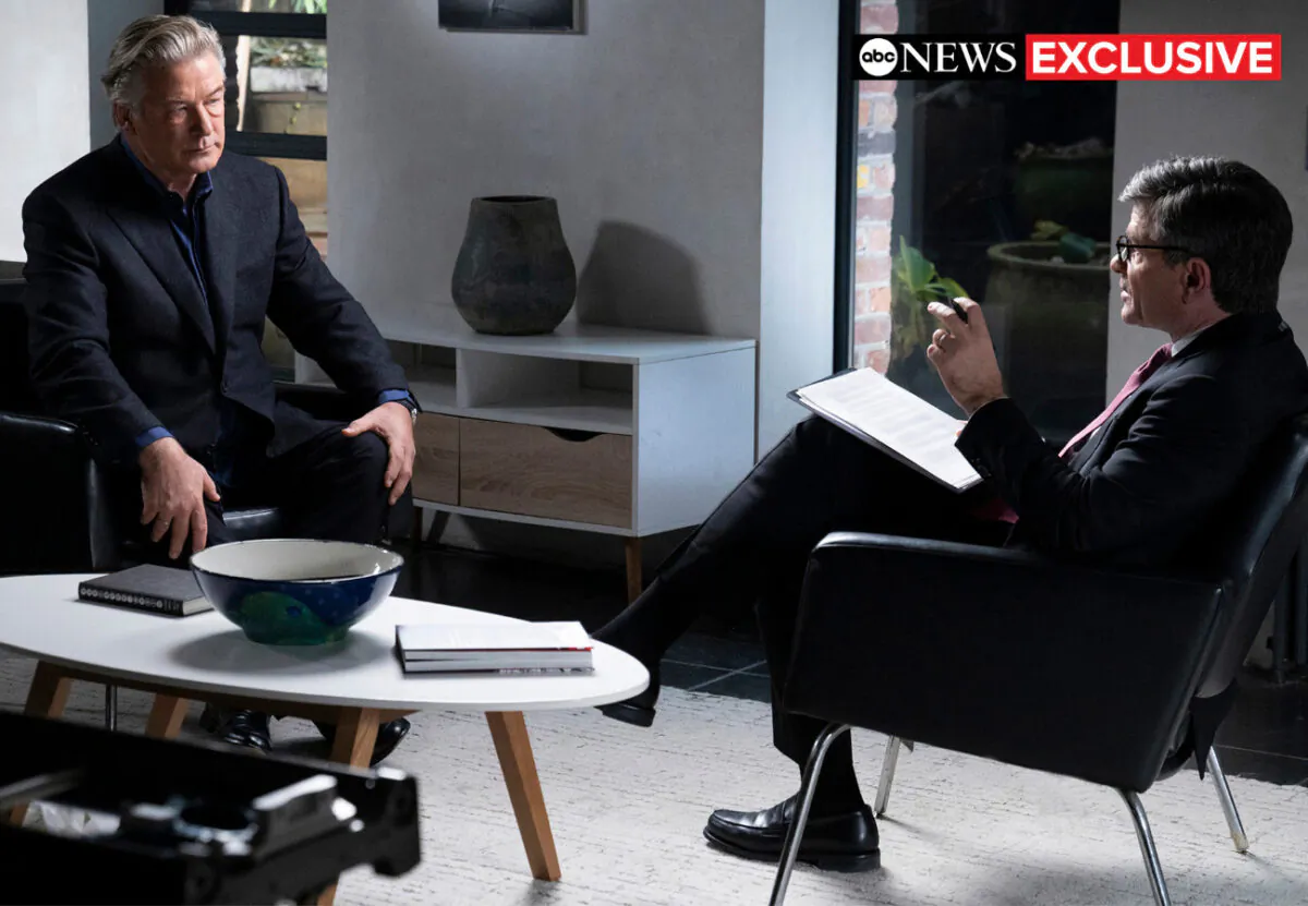 Actor-producer Alec Baldwin (L) is seen during an interview with “Good Morning America” co-anchor George Stephanopoulos, in this file photo. (Jeffrey Neira/ABC News via AP)