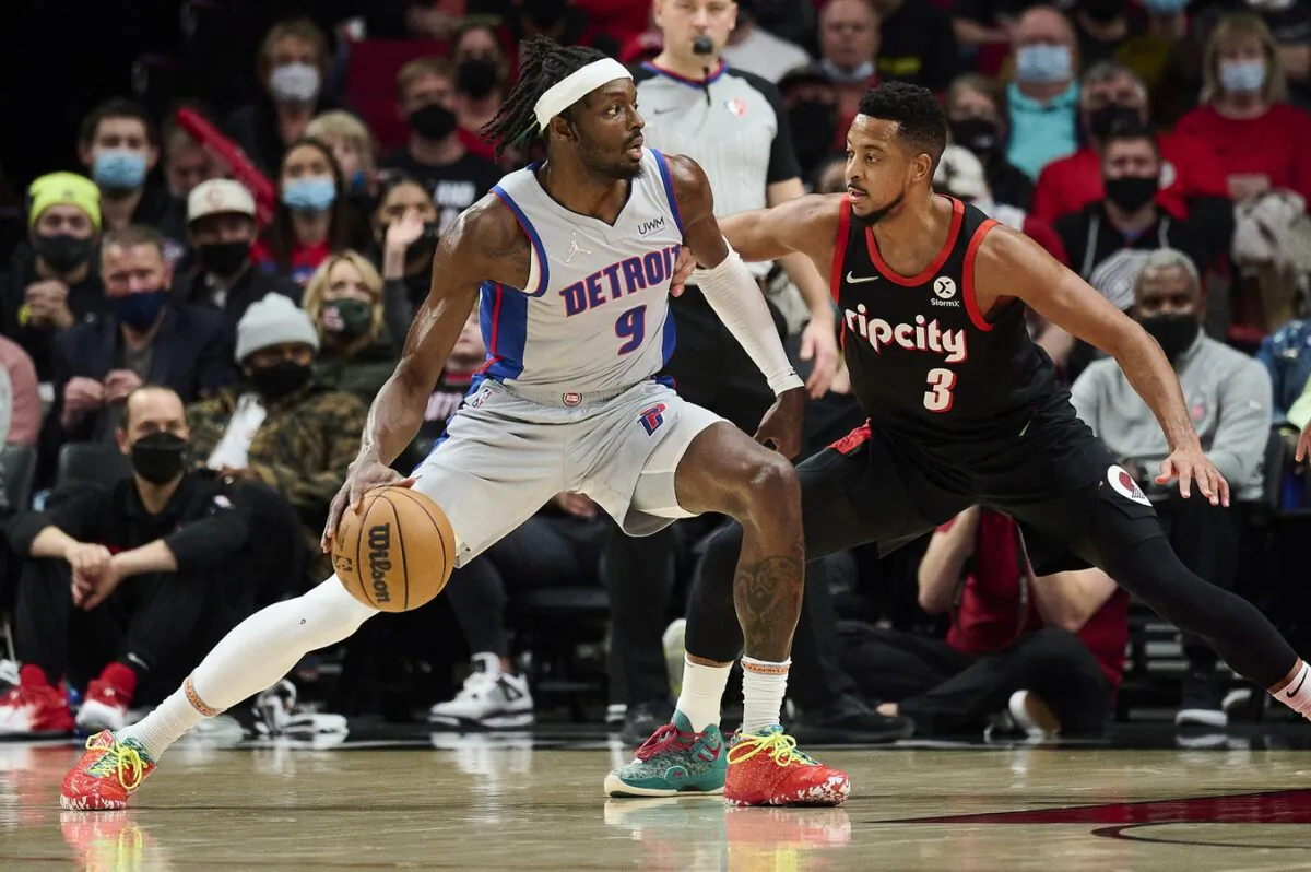 Portland Trail Blazers guard CJ McCollum (3) guards Detroit Pistons forward Jerami Grant (9) during the first half at Moda Center, Portland, Ore., on Nov 30, 2021. (Troy Wayrynen/USA TODAY Sports via Field Level Media)