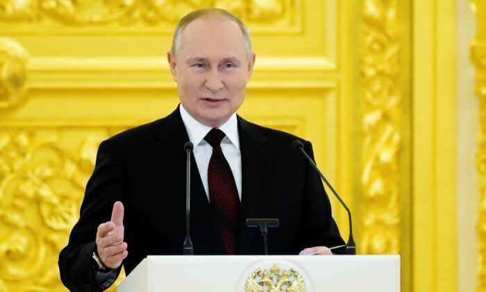 Russian President Vladimir Putin speaks during a ceremony to receive credentials from foreign ambassadors in Kremlin, in Moscow, on Dec. 1, 2021. (Grigory Sysoev, Sputnik, Kremlin Pool Photo via AP)