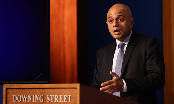 The UK's Health Secretary Sajid Javid speaks during a media briefing on the latest CCP virus update at Downing Street, central London, on Nov. 30, 2021. (Tom Nicholson/Pool/AFP via Getty Images)