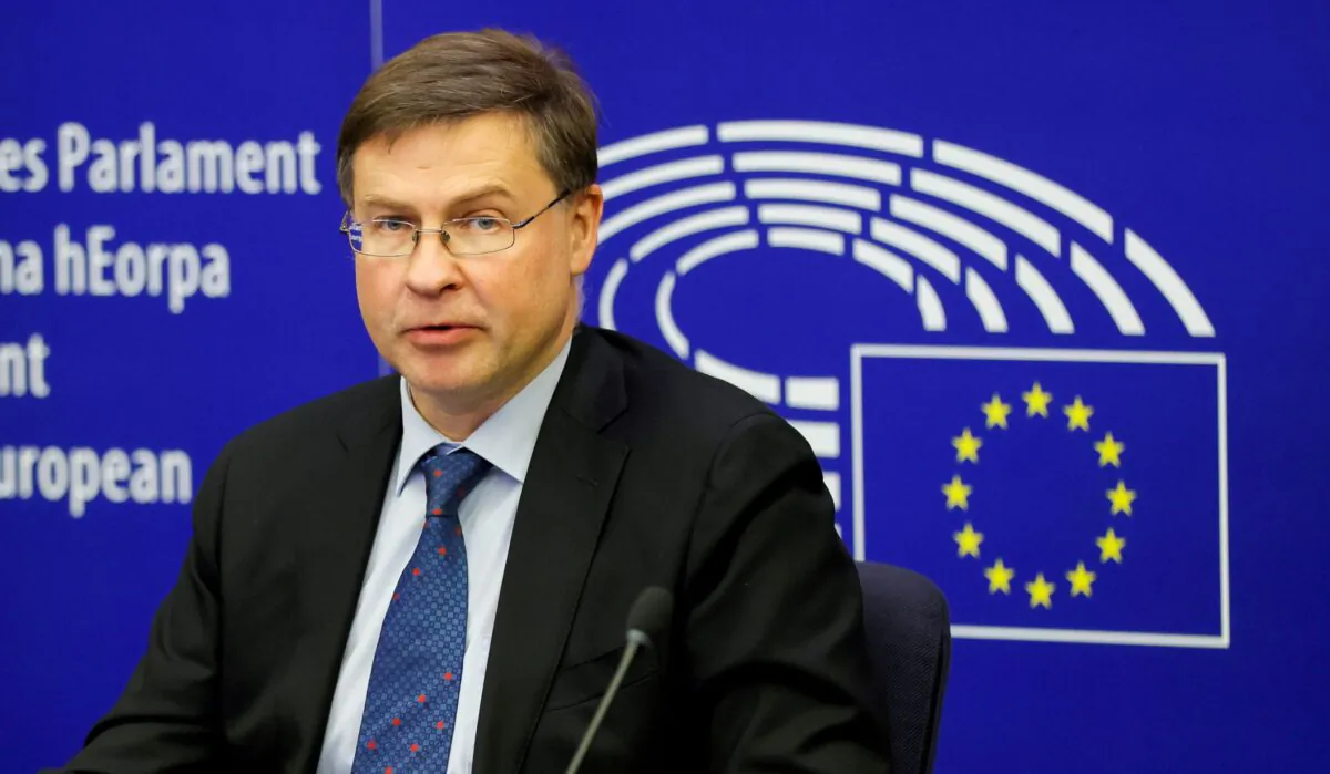 European Commission Executive Vice President Valdis Dombrovskis attends a press conference of Read-out of the College meeting during a debate on Poland's challenge to the supremacy of EU laws at the European Parliament in Strasbourg, France, on Oct. 19, 2021. (Ronald Wittek/Pool via Reuters)