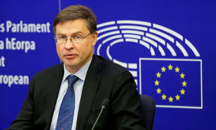 European Commission Executive Vice President Valdis Dombrovskis attends a press conference of Read-out of the College meeting during a debate on Poland's challenge to the supremacy of EU laws at the European Parliament in Strasbourg, France, on Oct. 19, 2021. (Ronald Wittek/Pool via Reuters)