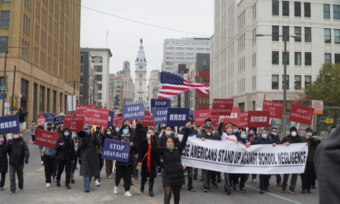 A “justice, safety, and an end to violence” rally was held in support of Christina Lu’s bravery and anti-violence behavior, in Philadelphia, on Nov. 30, 2021. (Lily Sun/The Epoch Times)