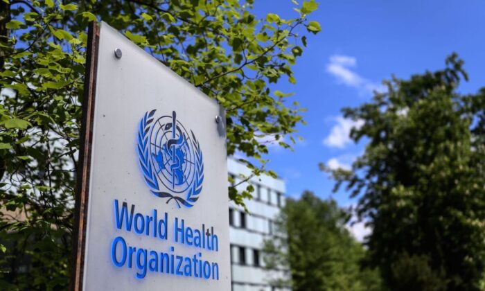 A sign of the World Health Organization in Geneva, Switzerland, on April 24, 2020. (Fabrice Coffrini/AFP via Getty Images)