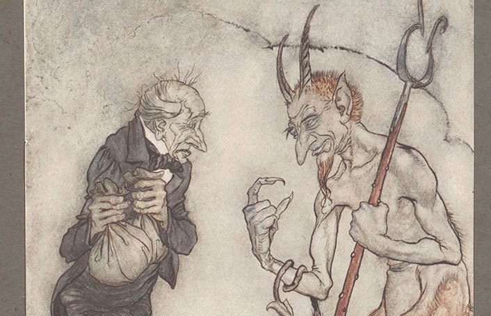 A detail from “Old Scratch has got his own at last, hey?” 1915, by Arthur Rackham. Illustration. (Public Domain)