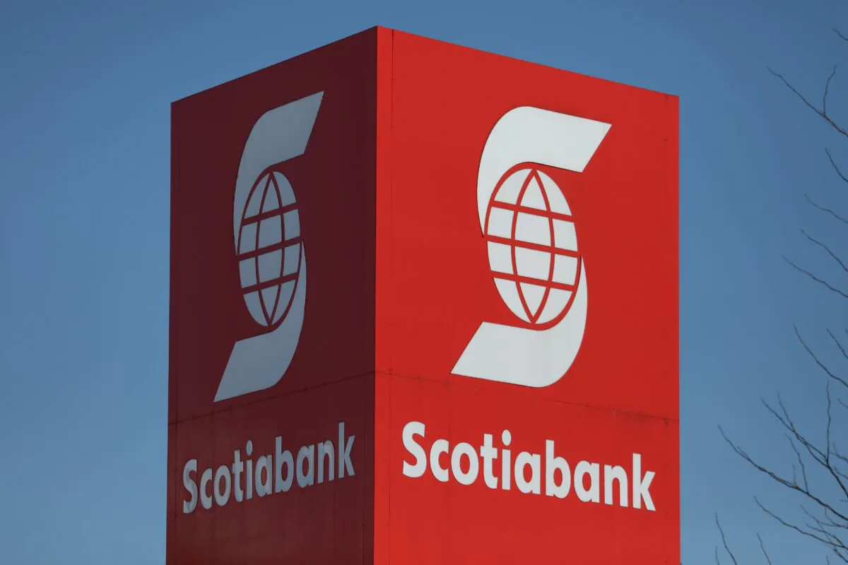 The Bank of Nova Scotia (Scotiabank) logo is seen outside a branch in Ottawa, Ontario, on Feb. 14, 2019. (Chris Wattie/Reuters)