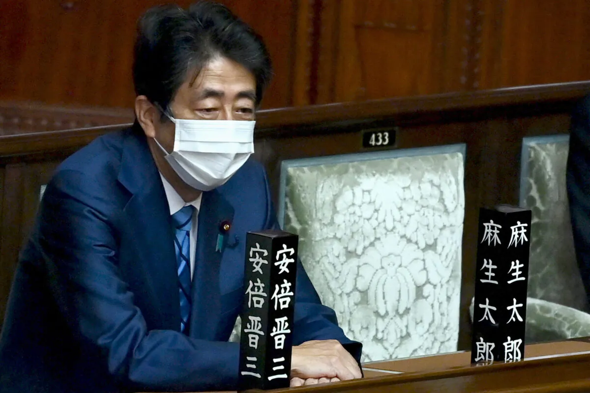 Japan's former Prime Minister Shinzo Abe attends the lower house plenary session of parliament to elect the prime minister of Japan, in Tokyo on Nov. 10, 2021. (CHARLY TRIBALLEAU/AFP via Getty Images)