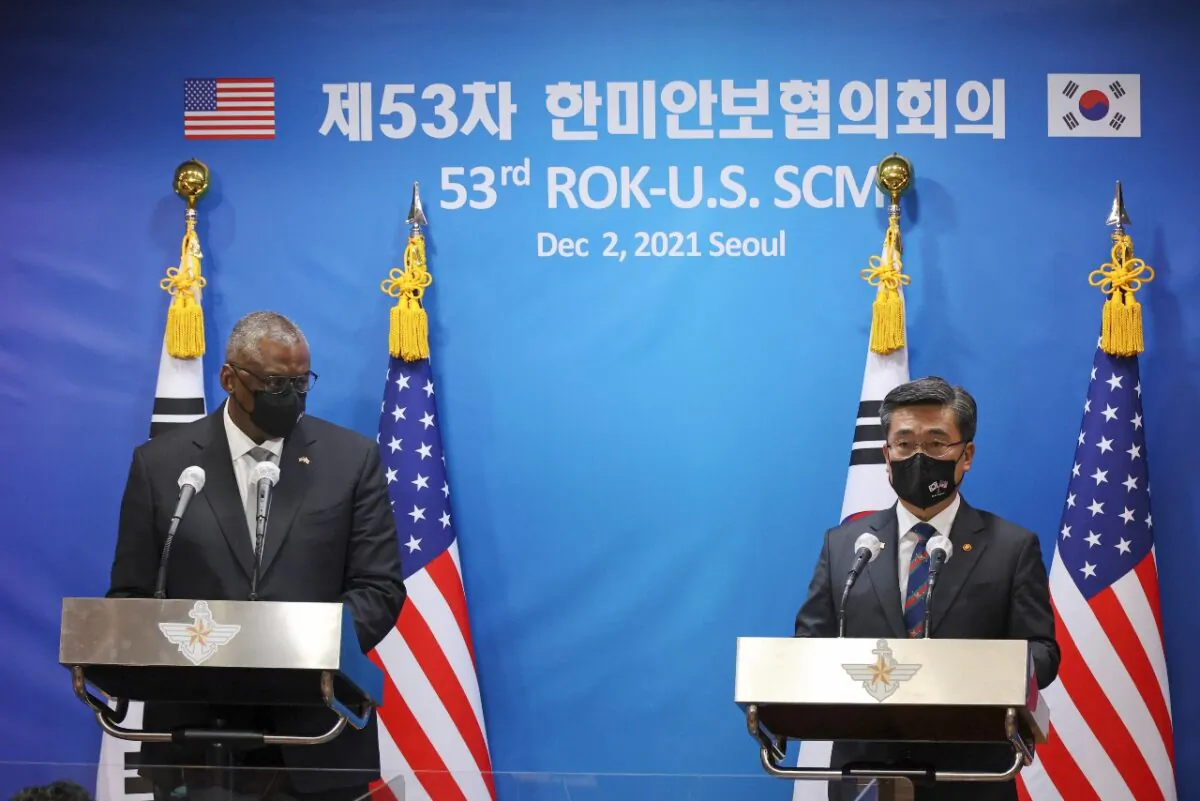 U.S. Defense Secretary Lloyd Austin, left, and South Korean Defense Minister Suh Wook attend a news conference following the 53rd Security Consultative Meeting a​t the Defense Ministry in Seoul, South Korea on Dec. 2, 2021. (Kim Hong-Ji/Pool Photo via AP)