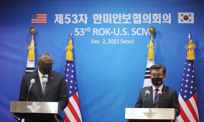 U.S. Defense Secretary Lloyd Austin, left, and South Korean Defense Minister Suh Wook attend a news conference following the 53rd Security Consultative Meeting a​t the Defense Ministry in Seoul, South Korea on Dec. 2, 2021. (Kim Hong-Ji/Pool Photo via AP)