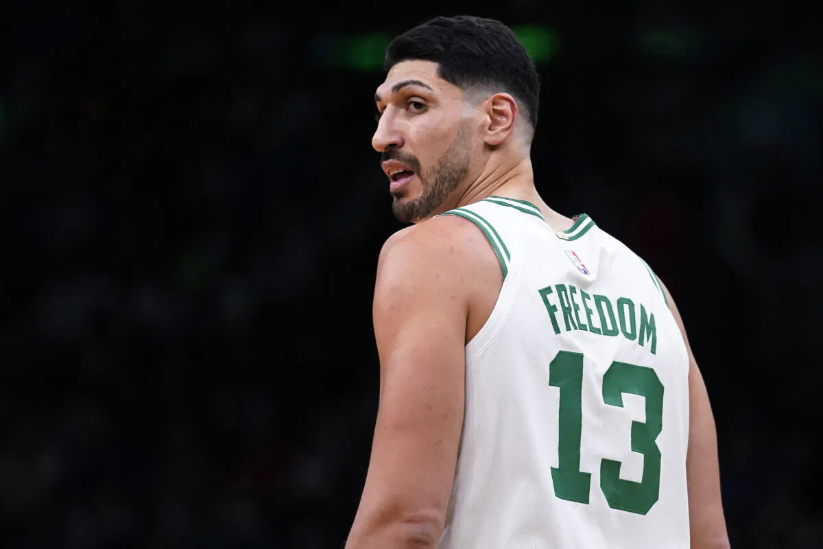 Boston Celtics center Enes Kanter Freedom, looks towards his team’s bench during the first half of an NBA basketball game, in Boston, on Dec. 1, 2021. (Charles Krupa/AP Photo)