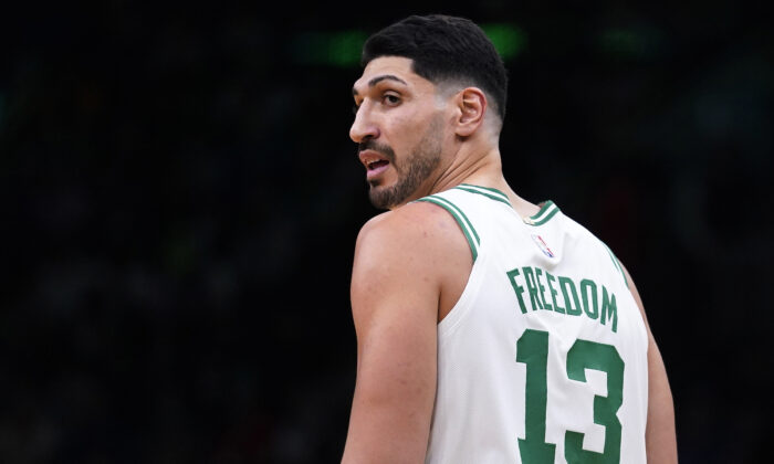 Boston Celtics center Enes Kanter Freedom, looks toward his team’s bench during the first half of an NBA basketball game, in Boston, on Dec. 1, 2021. (Charles Krupa/AP Photo)