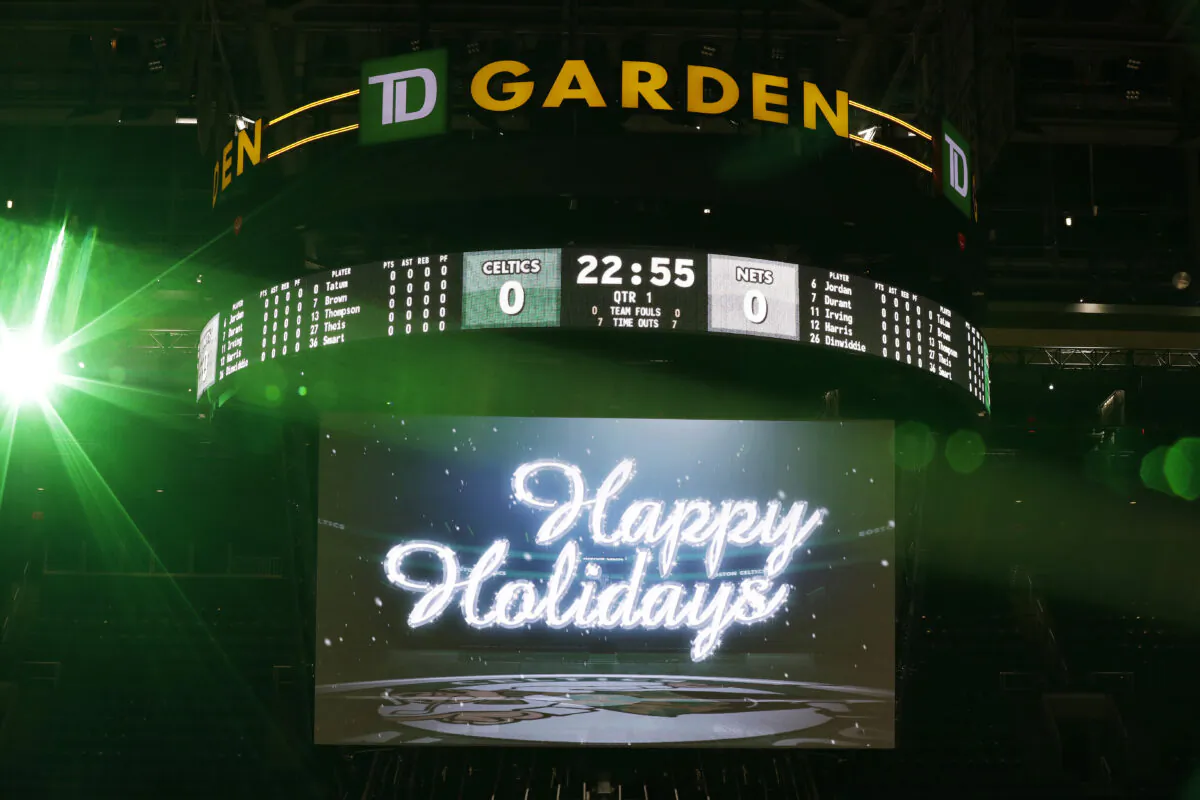 A "Happy Holidays" message is displayed on the Jumbotron before the game between the Boston Celtics and the Brooklyn Nets at TD Garden in Boston on Dec. 25, 2020.  (Omar Rawlings/Getty Images)