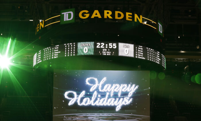 A "Happy Holidays" message is displayed on the Jumbotron before the game between the Boston Celtics and the Brooklyn Nets at TD Garden in Boston on Dec. 25, 2020.  (Omar Rawlings/Getty Images)