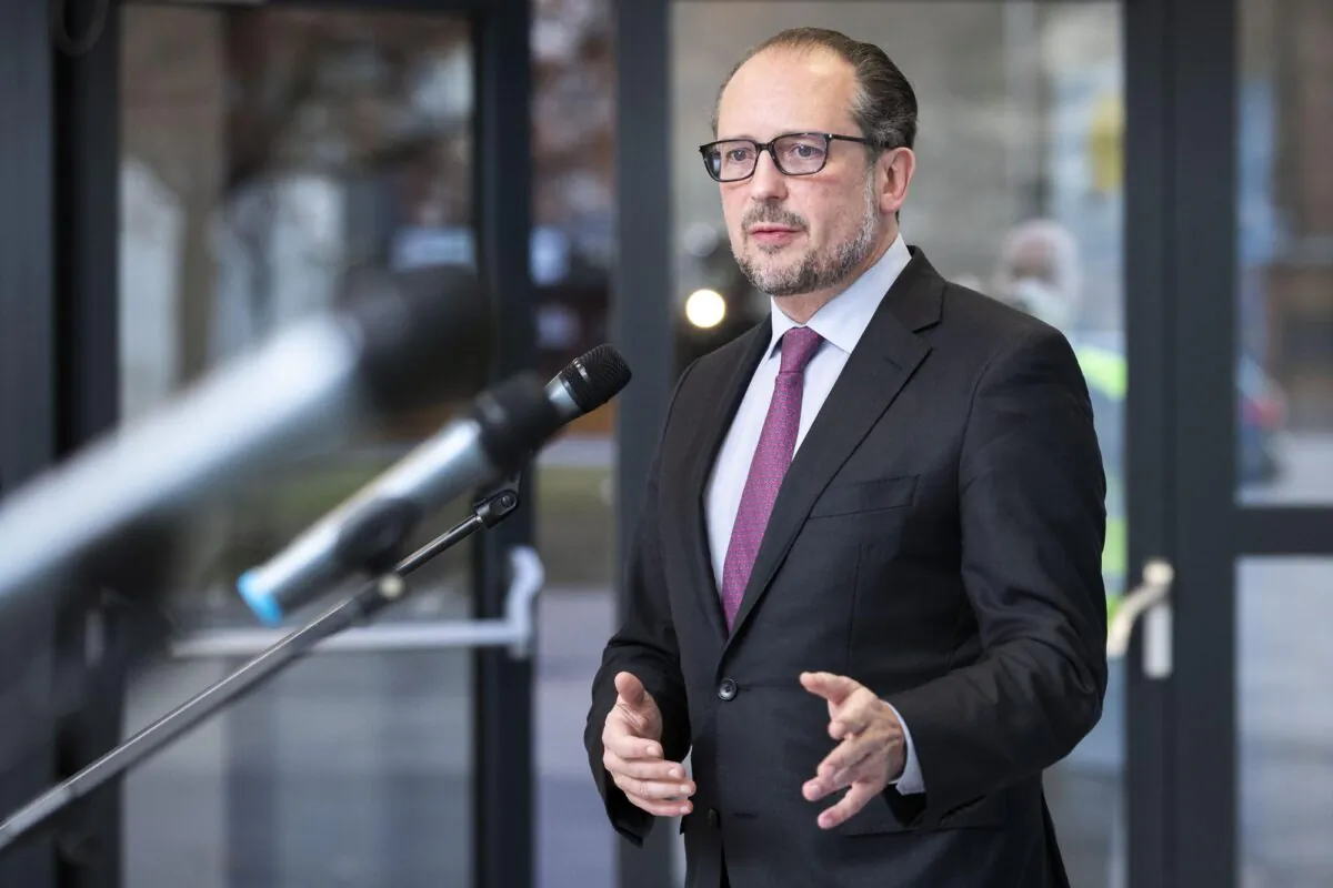 Austrian Chancellor Alexander Schallenberg talks at a press conference in Tulln, Austria, on Dec. 1, 2021. (Lisa Leutner/AP Photo)